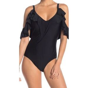 Nicole Miller Womens 1 PC‎ Ruffled Cold Shoulder Swimsuit in Black Sz Large Suit